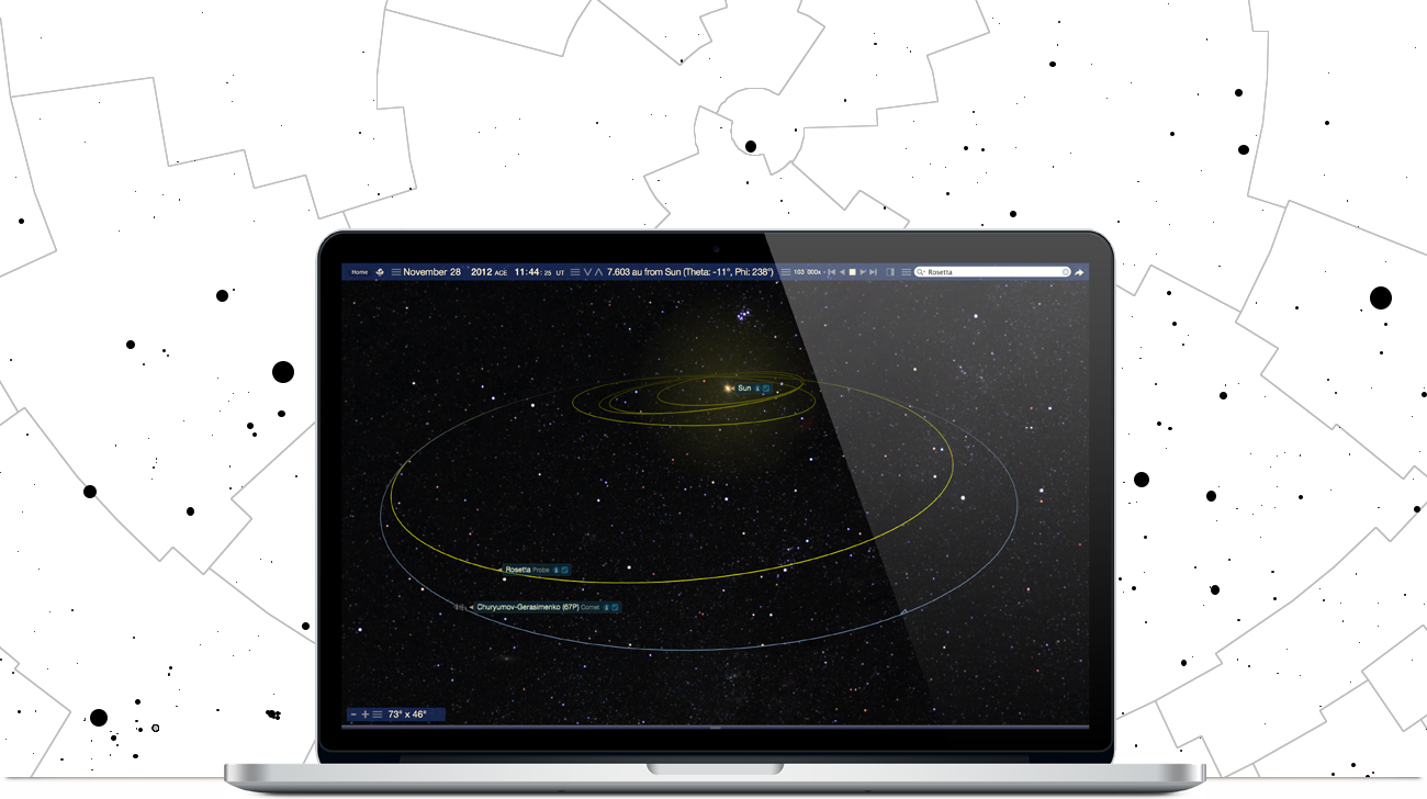 Apple iMac running Starry Night College sofware showing a Rosetta space mission